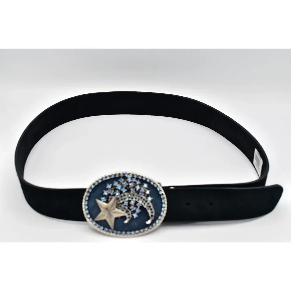 3G Buckles Black Suede Belt L 36-38 Celestial Star Blue Rhinestone Buckle Y2K